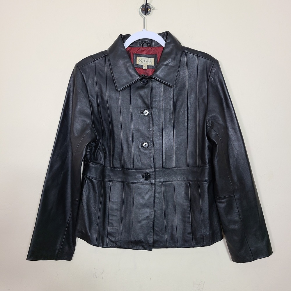 Vintage Oleg Cassini Black Leather PL Jacket Red Lining Moto Rockstar Grunge 90s